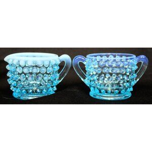 2 Pc Fenton Glass Mini Hobnail Creamer Jug Sugar Bowl Set Opalescent Star